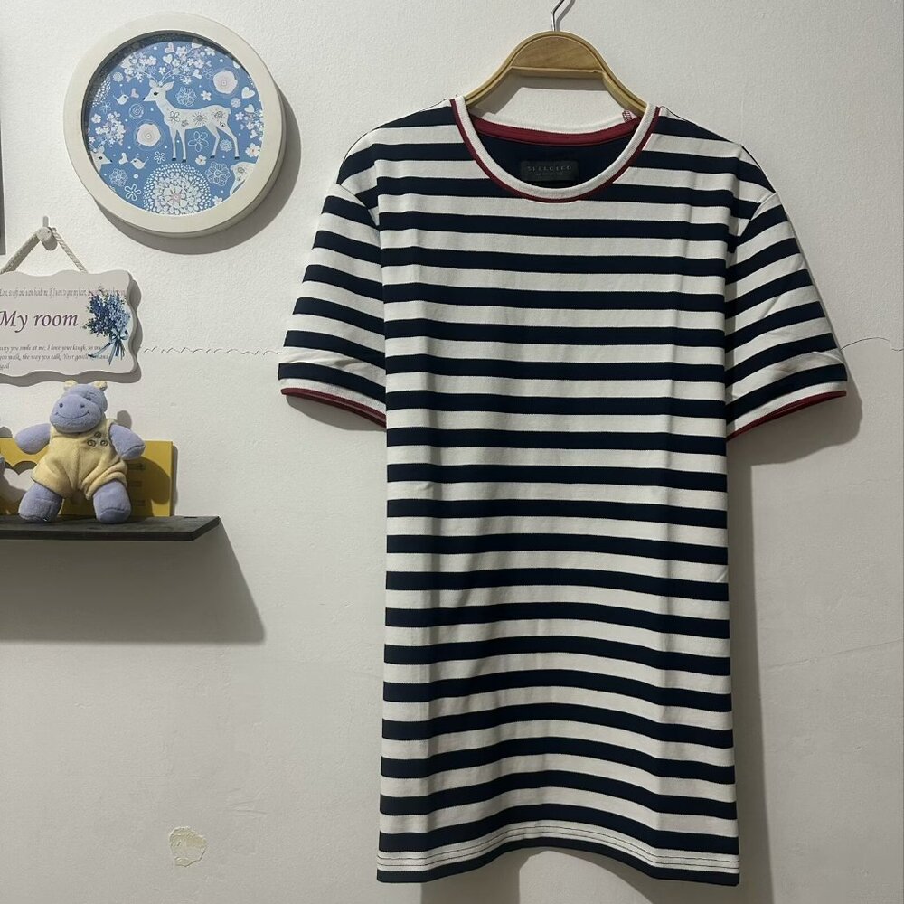SELECTED MENSWEAR Striped T-Shirt - Size M - Navy/White w/ Red Rib Trim - NWOT